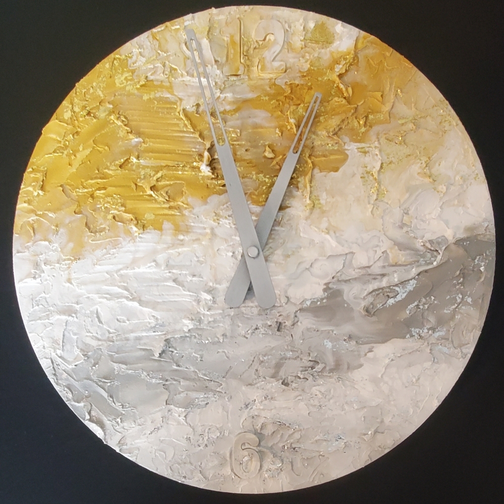 15" Circular Hand-Painted Wall Clock, Gold, Silver, Gray, minimalist style